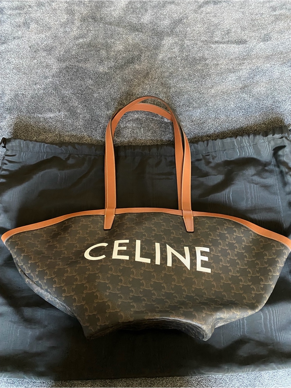 Celine Brown Logo Canvas Tote with Tan Leather Trim